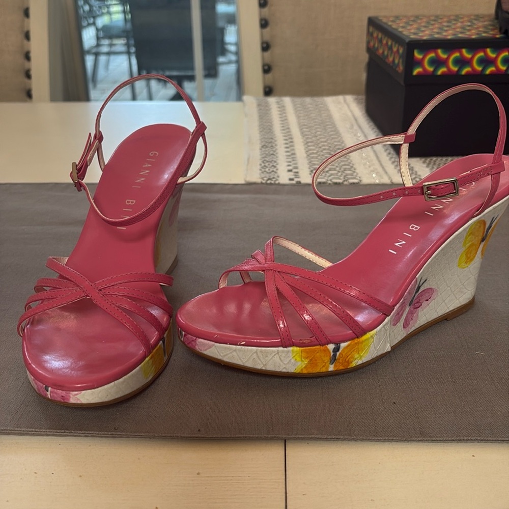 Gianni Bini Pink and Yellow Floral Wedges